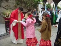 El párroco del Santuario Ntra. Sra. de Lourdes, recibiendo las ofrendas